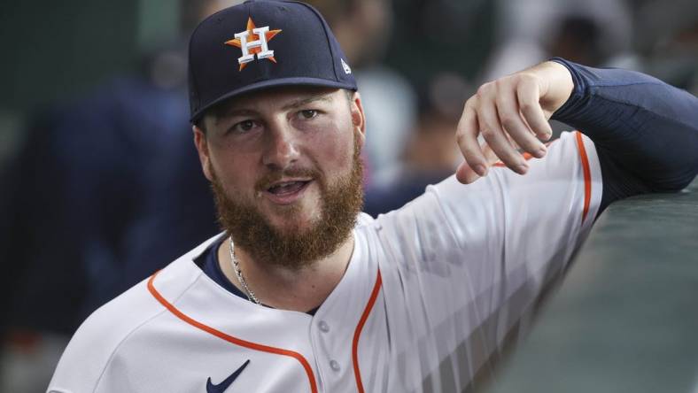 Jun 13, 2023; Houston, Texas, USA; Houston Astros relief pitcher Matt Gage (91) in the dugout before the game against the Washington Nationals at Minute Maid Park. Mandatory Credit: Troy Taormina-USA TODAY Sports