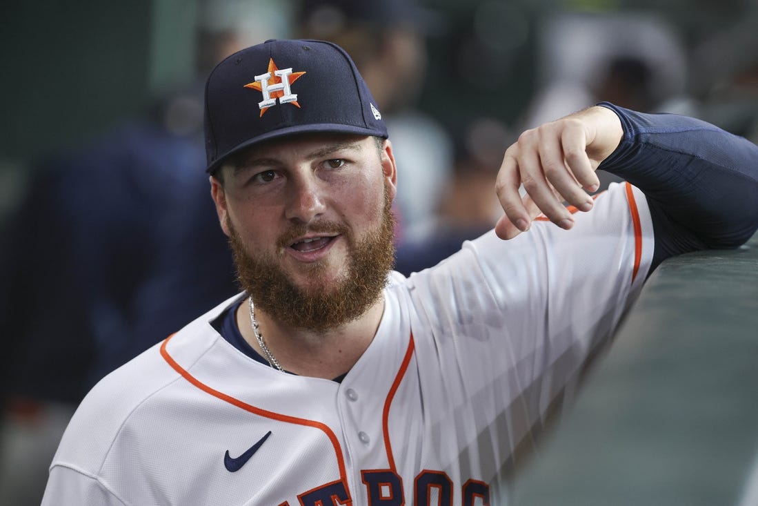 Jun 13, 2023; Houston, Texas, USA; Houston Astros relief pitcher Matt Gage (91) in the dugout before the game against the Washington Nationals at Minute Maid Park. Mandatory Credit: Troy Taormina-USA TODAY Sports