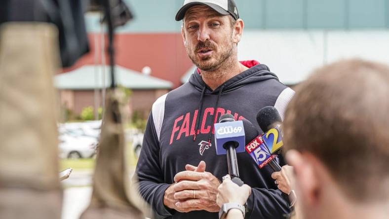 Jun 14, 2023; Flowery Branch, GA, USA; Atlanta Falcons defensive coordinator Ryan Nielsen answers questions for the media during minicamp at IBM Performance Field.  Mandatory Credit: Dale Zanine-USA TODAY Sports