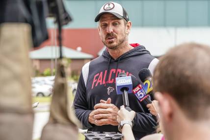 Jun 14, 2023; Flowery Branch, GA, USA; Atlanta Falcons defensive coordinator Ryan Nielsen answers questions for the media during minicamp at IBM Performance Field.  Mandatory Credit: Dale Zanine-USA TODAY Sports