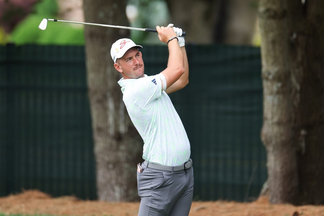 Jun 23, 2023; Cromwell, Connecticut, USA; Lucas Herbert plays his shot from the eighth tee during the second round of the Travelers Championship golf tournament. Mandatory Credit: Vincent Carchietta-USA TODAY Sports