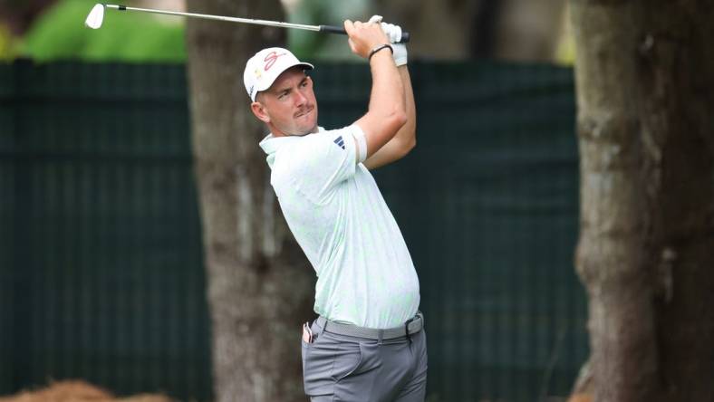 Jun 23, 2023; Cromwell, Connecticut, USA; Lucas Herbert plays his shot from the eighth tee during the second round of the Travelers Championship golf tournament. Mandatory Credit: Vincent Carchietta-USA TODAY Sports