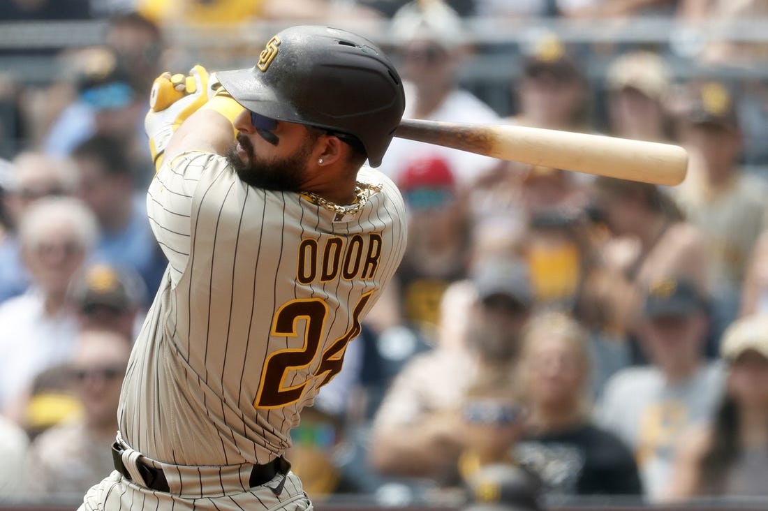 Jun 29, 2023; Pittsburgh, Pennsylvania, USA; San Diego Padres right fielder Rougned Odor (24) hits a single against the Pittsburgh Pirates during the second inning at PNC Park. Mandatory Credit: Charles LeClaire-USA TODAY Sports