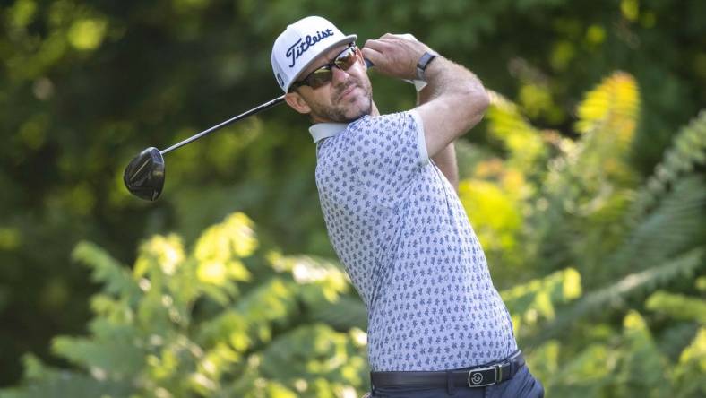 Jul 6, 2023; Silvis, Illinois, USA; Lanto Griffin tees off on the second hole during the first round of the John Deere Classic golf tournament. Mandatory Credit: Marc Lebryk-USA TODAY Sports