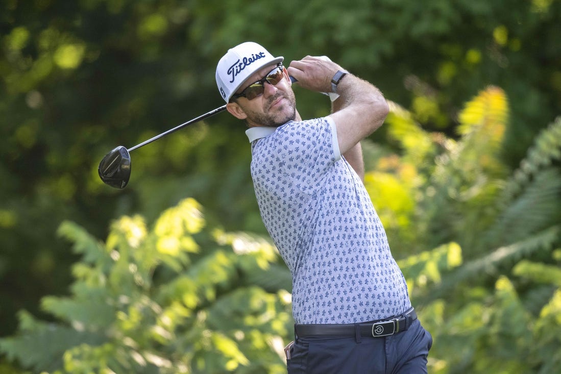 Jul 6, 2023; Silvis, Illinois, USA; Lanto Griffin tees off on the second hole during the first round of the John Deere Classic golf tournament. Mandatory Credit: Marc Lebryk-USA TODAY Sports