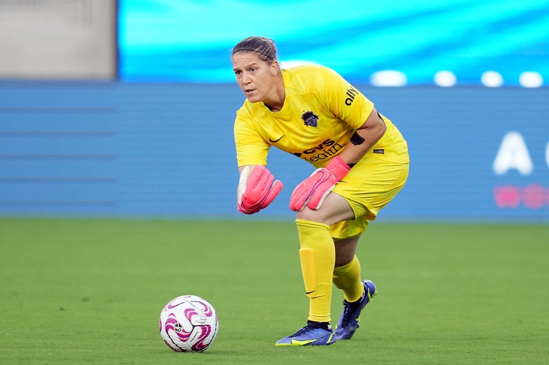 Jul 8, 2023; San Diego, California, USA; Washington Spirit goalkeeper Nicole Barnhart (28) plays the ball in the first half against the San Diego Wave FC at Snapdragon Stadium. Mandatory Credit: Ray Acevedo-USA TODAY Sports