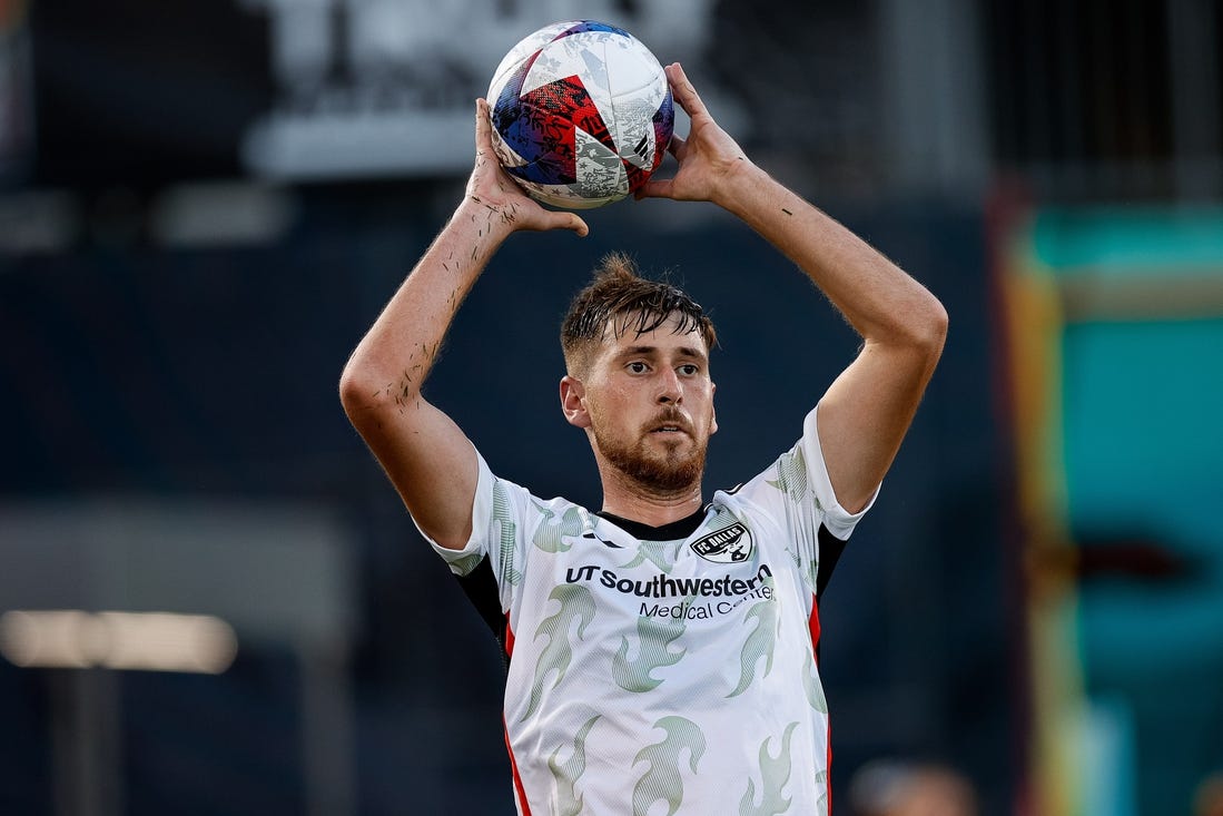 Jul 8, 2023; Commerce City, Colorado, USA; FC Dallas defender Amet Korca (24) throws in the ball in the first half against the Colorado Rapids at Dick's Sporting Goods Park. Mandatory Credit: Isaiah J. Downing-USA TODAY Sports