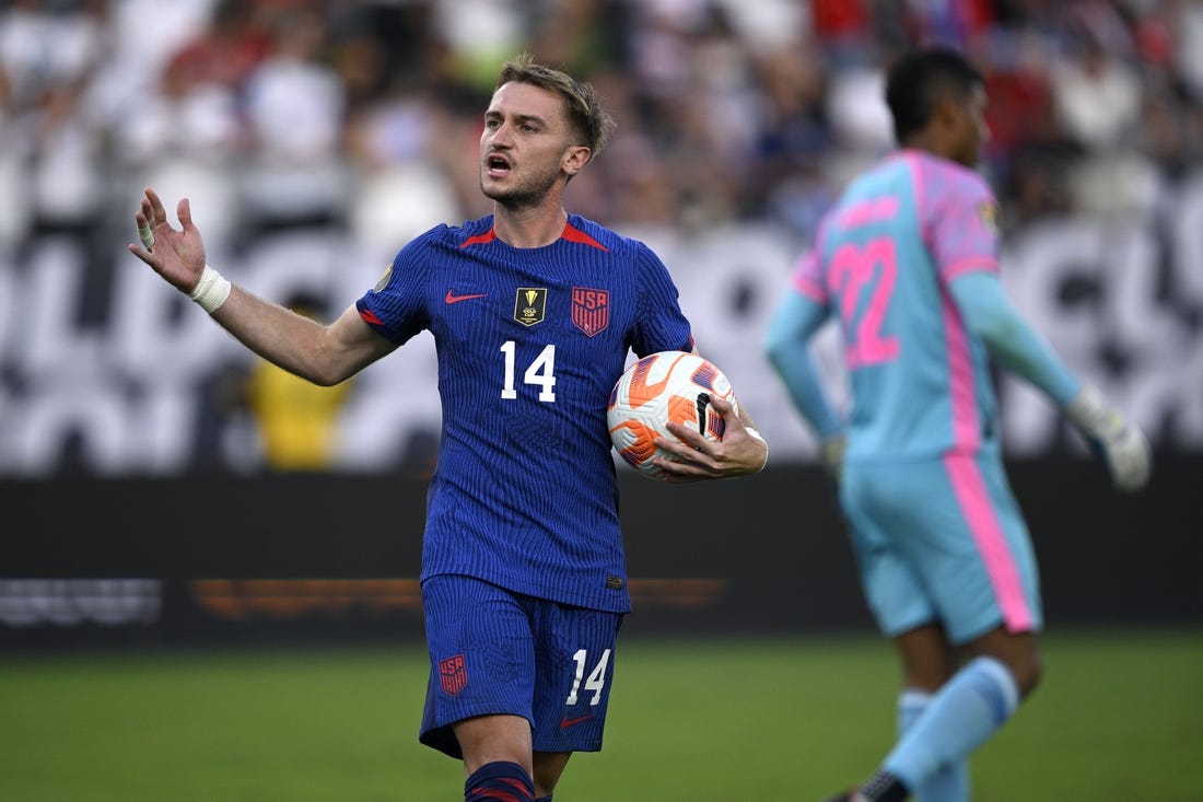 Jul 12, 2023; San Diego, CA, USA; United States midfielder Djordje Mihailovic (14) reacts after scoring during the penalty kick shootout against Panama at Snapdragon Stadium. Mandatory Credit: Orlando Ramirez-USA TODAY Sports