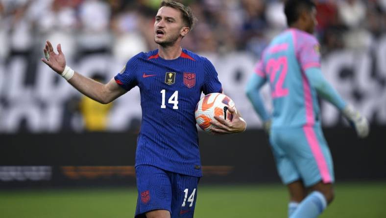 Jul 12, 2023; San Diego, CA, USA; United States midfielder Djordje Mihailovic (14) reacts after scoring during the penalty kick shootout against Panama at Snapdragon Stadium. Mandatory Credit: Orlando Ramirez-USA TODAY Sports