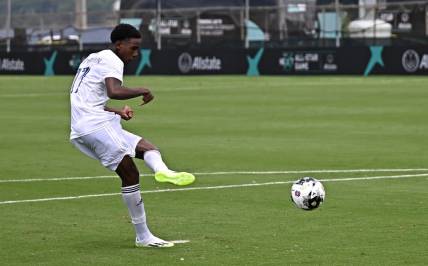 Jul 19, 2023; Annapolis, MD, USA; MLS NEXT East player Tahir Reid-Brown (17) of Orlando City SC scores on a penalty kick during a shootout in the 2023 MLS NEXT All Star Game at Glenn Warner Soccer Facility at the Naval Academy. Mandatory Credit: Reggie Hildred-USA TODAY Sports