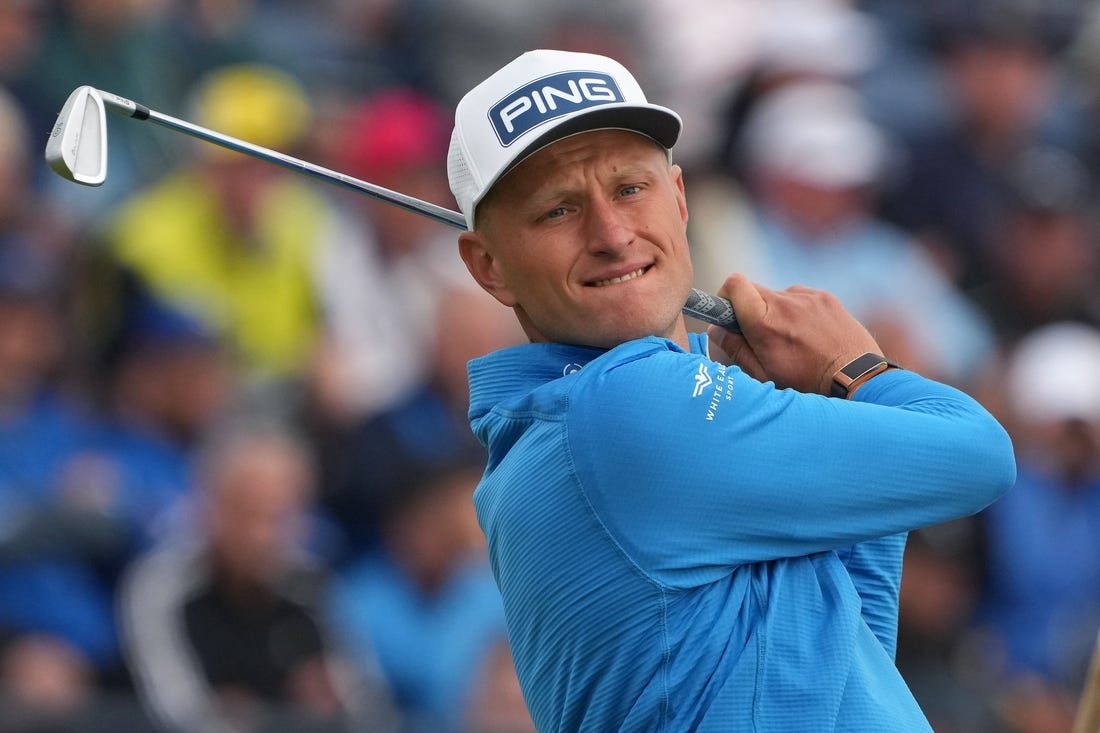 July 20, 2023; Hoylake, ENGLAND, GBR; Adrian Meronk plays his shot from the fourth tee during the first round of The Open Championship golf tournament at Royal Liverpool. Mandatory Credit: Kyle Terada-USA TODAY Sports