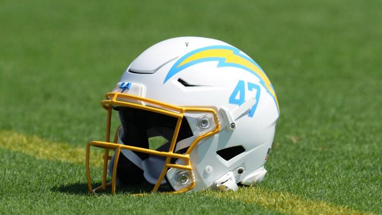 Jul 26, 2023; Costa Mesa, CA, USA; Los Angeles Chargers helmet of long snapper Josh Harris (47) during training camp at Jack Hammet Sports Comples. Mandatory Credit: Kirby Lee-USA TODAY Sports