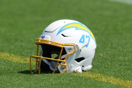 Jul 26, 2023; Costa Mesa, CA, USA; Los Angeles Chargers helmet of long snapper Josh Harris (47) during training camp at Jack Hammet Sports Comples. Mandatory Credit: Kirby Lee-USA TODAY Sports