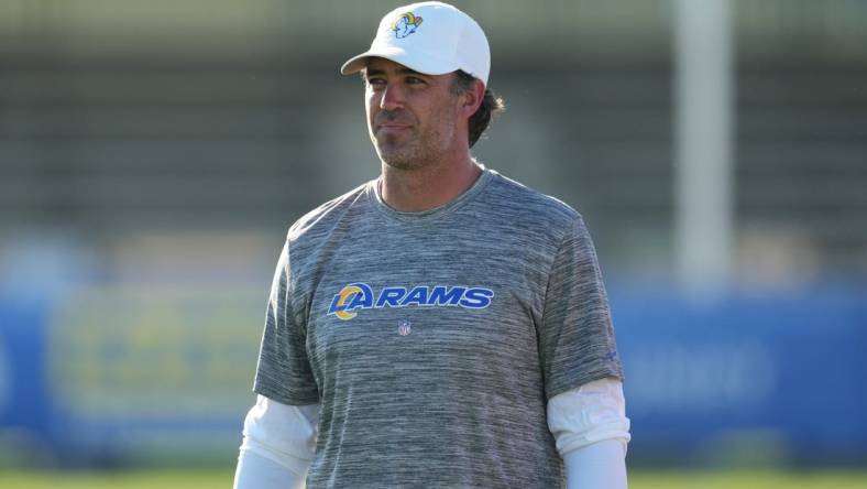 Jul 26, 2023; Irvine, CA, USA; Los Angeles Rams quarterbacks coach Zac Robinson during training camp at UC Irvine. Mandatory Credit: Kirby Lee-USA TODAY Sports