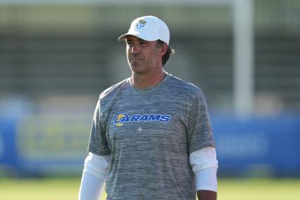Jul 26, 2023; Irvine, CA, USA; Los Angeles Rams quarterbacks coach Zac Robinson during training camp at UC Irvine. Mandatory Credit: Kirby Lee-USA TODAY Sports