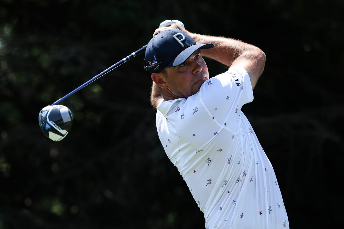 Jul 27, 2023; Blaine, Minnesota, USA; Gary Woodland hits his tee shot on the 2nd hole during the first round of the 3M Open golf tournament. Mandatory Credit: Matt Krohn-USA TODAY Sports