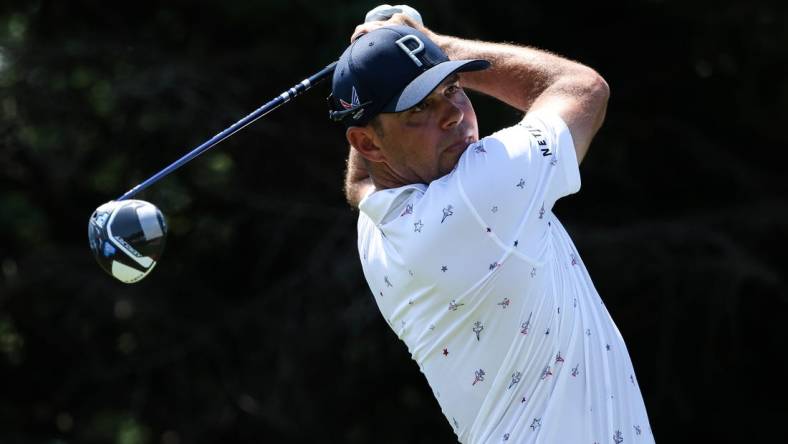 Jul 27, 2023; Blaine, Minnesota, USA; Gary Woodland hits his tee shot on the 2nd hole during the first round of the 3M Open golf tournament. Mandatory Credit: Matt Krohn-USA TODAY Sports