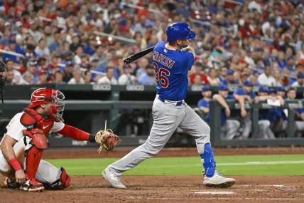 Jul 28, 2023; St. Louis, Missouri, USA;  Chicago Cubs first baseman Trey Mancini (36) hits a one run single against the St. Louis Cardinals during the sixth inning at Busch Stadium. Mandatory Credit: Jeff Curry-USA TODAY Sports
