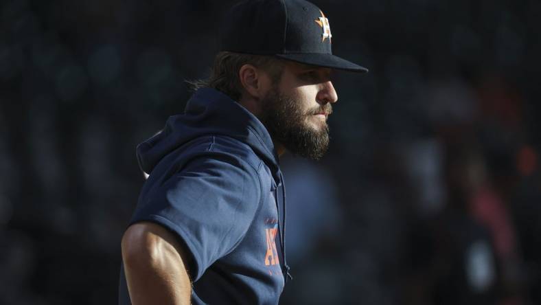 Aug 1, 2023; Houston, Texas, USA; Houston Astros relief pitcher Kendall Graveman (31) stands on the field before the game against the Cleveland Guardians at Minute Maid Park. Mandatory Credit: Troy Taormina-USA TODAY Sports