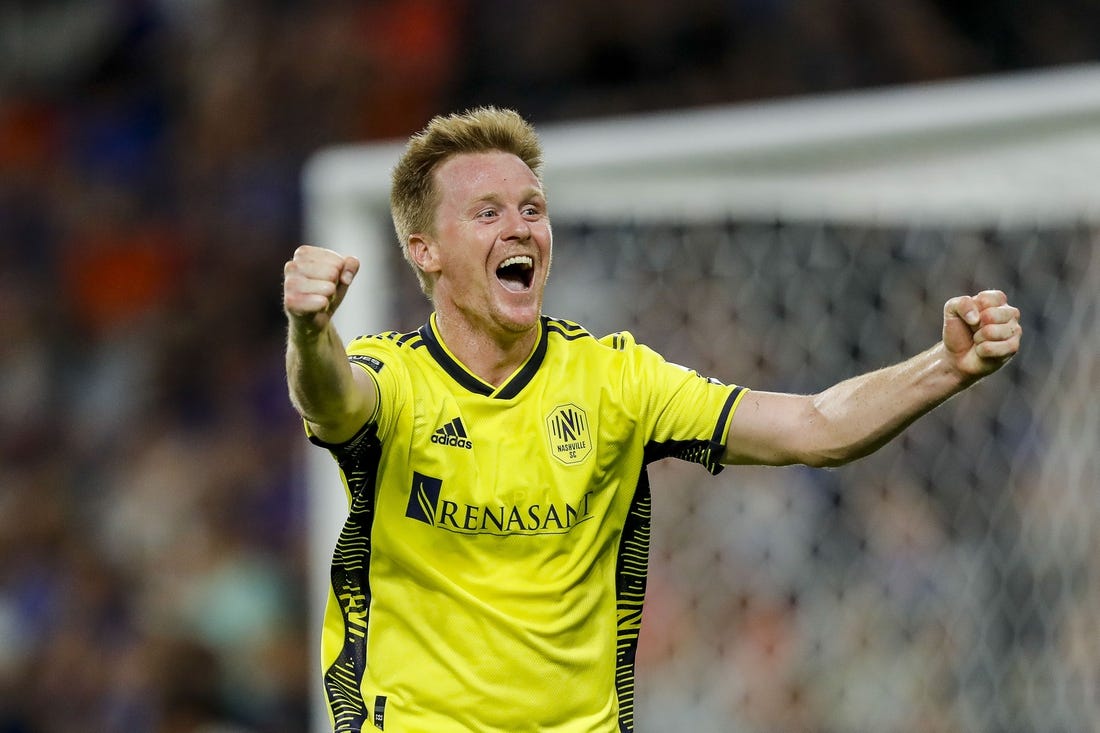 Aug 4, 2023; Cincinnati, OH, USA; Nashville SC midfielder Dax McCarty (6) reacts after midfielder Anibal Godoy (not pictured) scores a goal against FC Cincinnati in the second half at TQL Stadium. Mandatory Credit: Katie Stratman-USA TODAY Sports