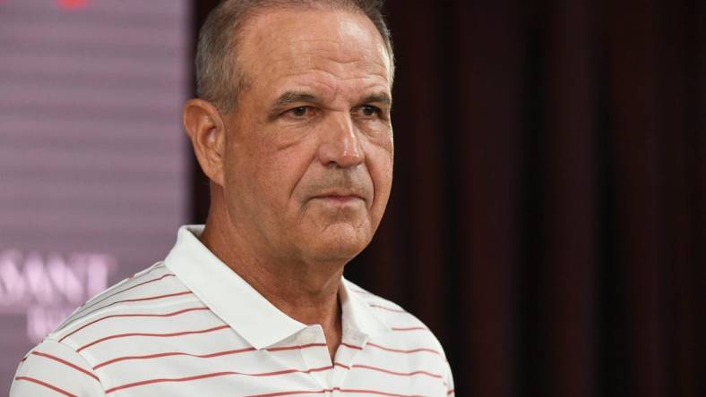 Alabama defensive coordinator Kevin Steele speaks to members of the media Sunday, August 6, 2023.