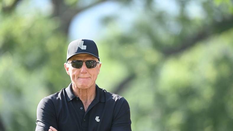 Aug 6, 2023; White Sulphur Springs, West Virginia, USA; Greg Norman CEO of LIV Golf during the final round of the LIV Golf event at The Old White Course. Mandatory Credit: Bob Donnan-USA TODAY Sports