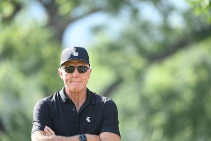 Aug 6, 2023; White Sulphur Springs, West Virginia, USA; Greg Norman CEO of LIV Golf during the final round of the LIV Golf event at The Old White Course. Mandatory Credit: Bob Donnan-USA TODAY Sports
