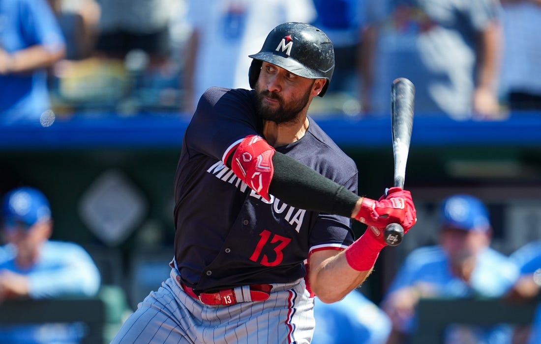 Jul 30, 2023; Kansas City, Missouri, USA; Minnesota Twins left fielder Joey Gallo (13) bats during the ninth inning against the Kansas City Royals at Kauffman Stadium. Mandatory Credit: Jay Biggerstaff-USA TODAY Sports