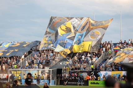 Aug 15, 2023; Chester, PA, USA; Philadelphia Union fans display a tifo before the game against Inter Miami CF at Subaru Park. Mandatory Credit: Bill Streicher-USA TODAY Sports