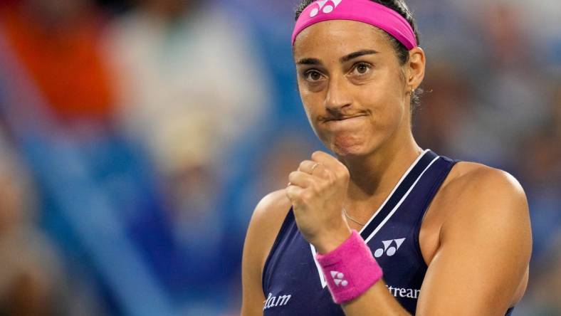 Caroline Garcia pumps her first in the first set of a Round of 32 match between Sloane Stephens (USA) and Garcia (FRA) in the Western & Southern Open at the Lindner Family Tennis Center in Mason, Ohio, on Tuesday, Aug. 15, 2023.