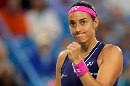 Caroline Garcia pumps her first in the first set of a Round of 32 match between Sloane Stephens (USA) and Garcia (FRA) in the Western & Southern Open at the Lindner Family Tennis Center in Mason, Ohio, on Tuesday, Aug. 15, 2023.