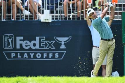 Aug 18, 2023; Olympia Fields, Illinois, USA; Eric Cole tees off from the 16th tee during the second round of the BMW Championship golf tournament. Mandatory Credit: Jamie Sabau-USA TODAY Sports