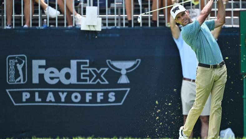 Aug 18, 2023; Olympia Fields, Illinois, USA; Eric Cole tees off from the 16th tee during the second round of the BMW Championship golf tournament. Mandatory Credit: Jamie Sabau-USA TODAY Sports