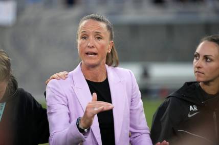 Aug 19, 2023; San Diego, California, USA; San Diego Wave FC head coach Casey Stoney after a game against NJ/NY Gotham FC at Snapdragon Stadium. Mandatory Credit: Ray Acevedo-USA TODAY Sports