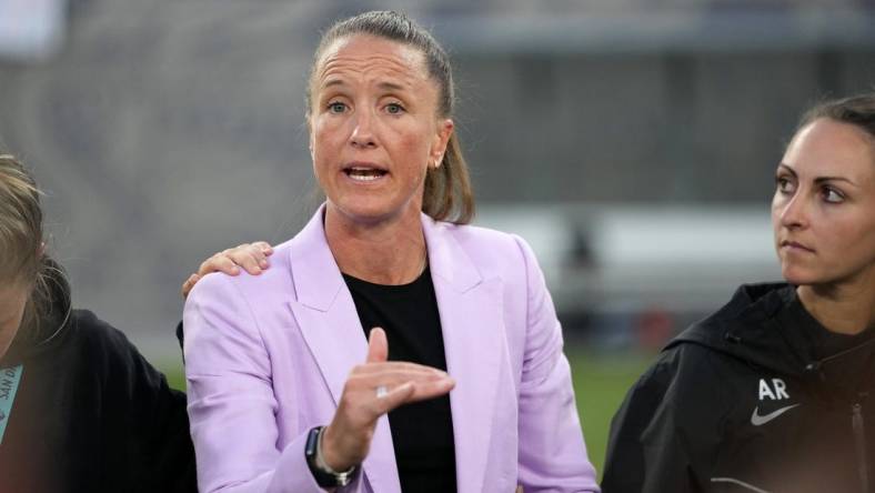 Aug 19, 2023; San Diego, California, USA; San Diego Wave FC head coach Casey Stoney after a game against NJ/NY Gotham FC at Snapdragon Stadium. Mandatory Credit: Ray Acevedo-USA TODAY Sports