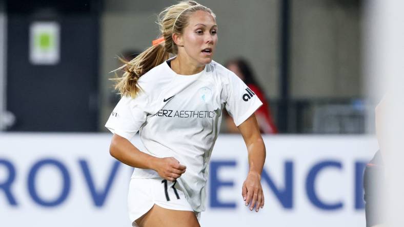 Aug 20, 2023; Portland, Oregon, USA; North Carolina Courage forward Brittany Ratcliffe (11) in action during the first half against Portland Thorns FC at Providence Park. Mandatory Credit: Soobum Im-USA TODAY Sports