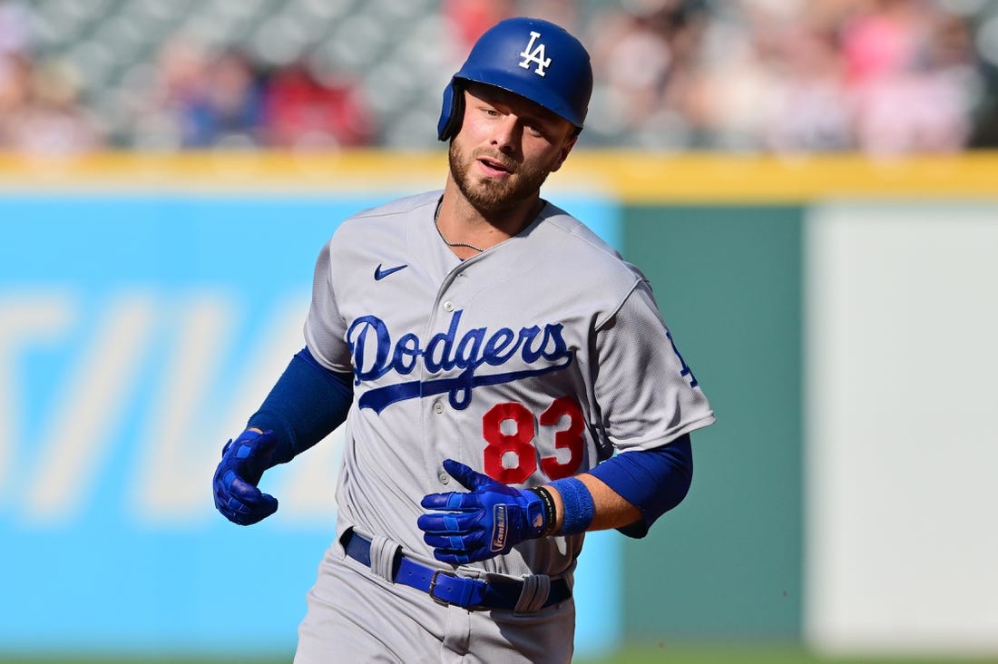 Aug 24, 2023; Cleveland, Ohio, USA; Los Angeles Dodgers designated hitter Michael Busch (83) rounds the bases after hitting a home run during the fourth inning against the Cleveland Guardians at Progressive Field. Mandatory Credit: Ken Blaze-USA TODAY Sports