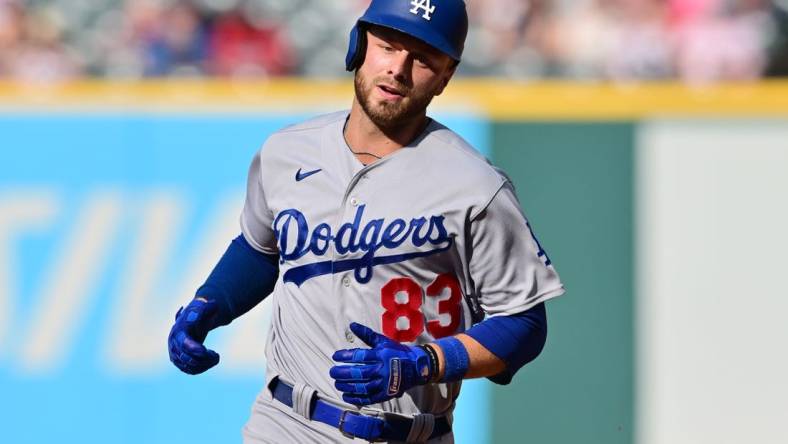 Aug 24, 2023; Cleveland, Ohio, USA; Los Angeles Dodgers designated hitter Michael Busch (83) rounds the bases after hitting a home run during the fourth inning against the Cleveland Guardians at Progressive Field. Mandatory Credit: Ken Blaze-USA TODAY Sports