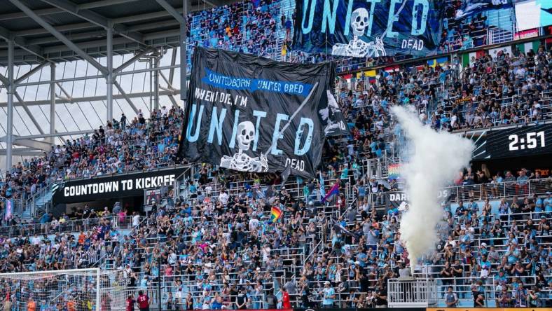 Aug 27, 2023; Saint Paul, Minnesota, USA;  Minnesota United fans unveil the tifo against the Seattle Sounders in the first half at Allianz Field. Mandatory Credit: Brad Rempel-USA TODAY Sports