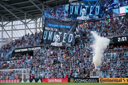 Aug 27, 2023; Saint Paul, Minnesota, USA;  Minnesota United fans unveil the tifo against the Seattle Sounders in the first half at Allianz Field. Mandatory Credit: Brad Rempel-USA TODAY Sports