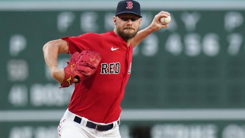 Aug 28, 2023; Boston, Massachusetts, USA; Boston Red Sox starting pitcher Chris Sale (41) throws a pitch against the Houston Astros in the first inning at Fenway Park. Mandatory Credit: David Butler II-USA TODAY Sports