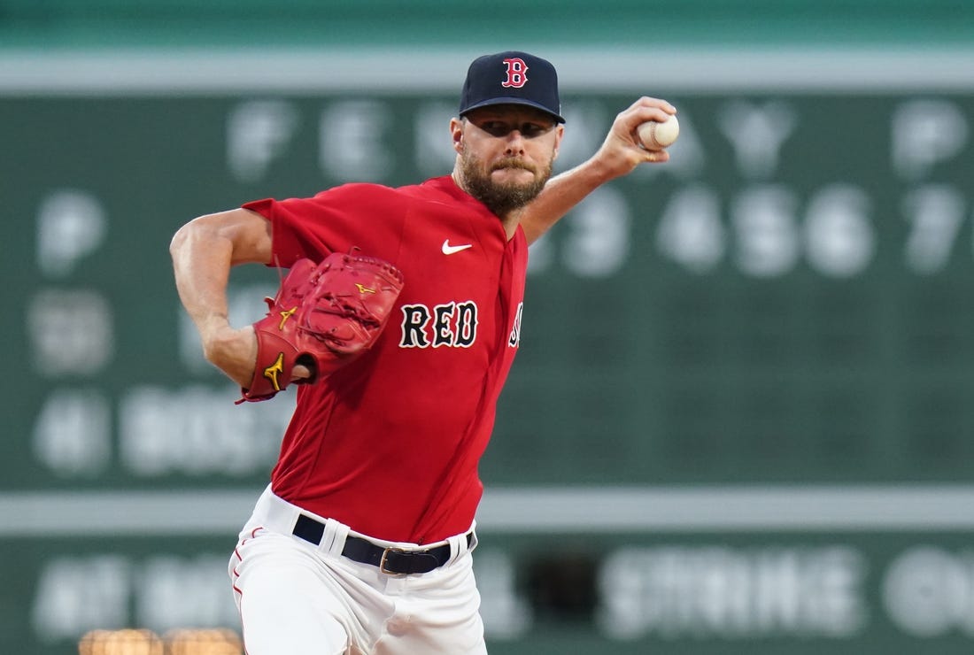 Aug 28, 2023; Boston, Massachusetts, USA; Boston Red Sox starting pitcher Chris Sale (41) throws a pitch against the Houston Astros in the first inning at Fenway Park. Mandatory Credit: David Butler II-USA TODAY Sports