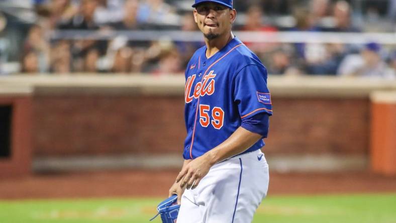 Aug 26, 2023; New York City, New York, USA;  New York Mets starting pitcher Carlos Carrasco (59) at Citi Field. Mandatory Credit: Wendell Cruz-USA TODAY Sports