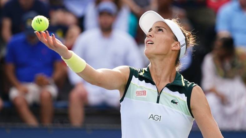 Aug 30, 2023; Flushing, NY, USA; Bernarda Pera of the United States serves against Xiyu Wang of China on day three of the 2023 U.S. Open tennis tournament at the USTA Billie Jean King National Tennis Center. Mandatory Credit: Jerry Lai-USA TODAY Sports