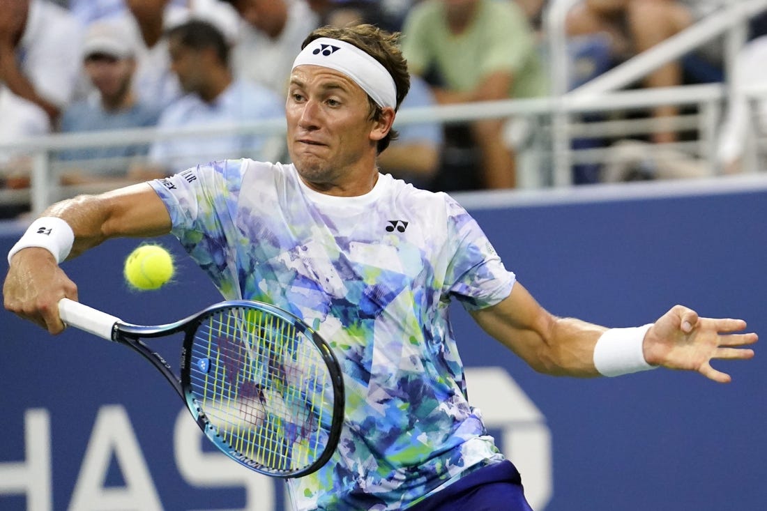 Aug 30, 2023; Flushing, NY, USA; Casper Ruud of Norway hits to Zhizhen Zhang of China on day three of the 2023 U.S. Open tennis tournament at USTA Billie Jean King National Tennis Center. Mandatory Credit: Danielle Parhizkaran-USA TODAY Sports