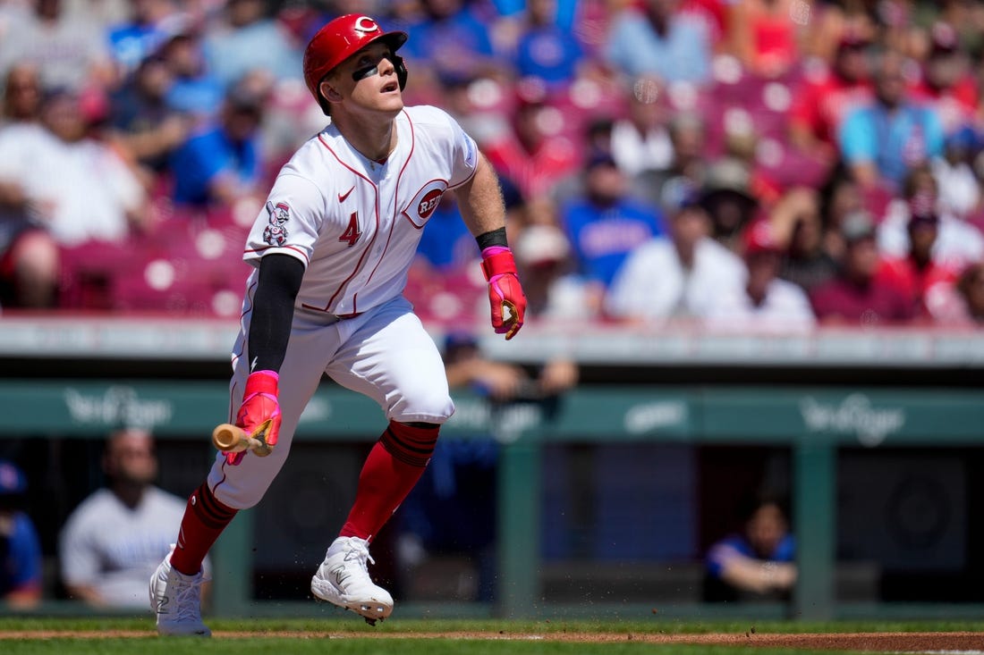 Cincinnati Reds center fielder Harrison Bader (4) watches aa he flies out in the first inning of an MLB National League game between the Cincinnati Reds and the Chicago Cubs at Great American Ball Park in downtown Cincinnati on Friday, Sept. 1, 2023. The first game of the doubleheader was tied 0-0 after three innings.