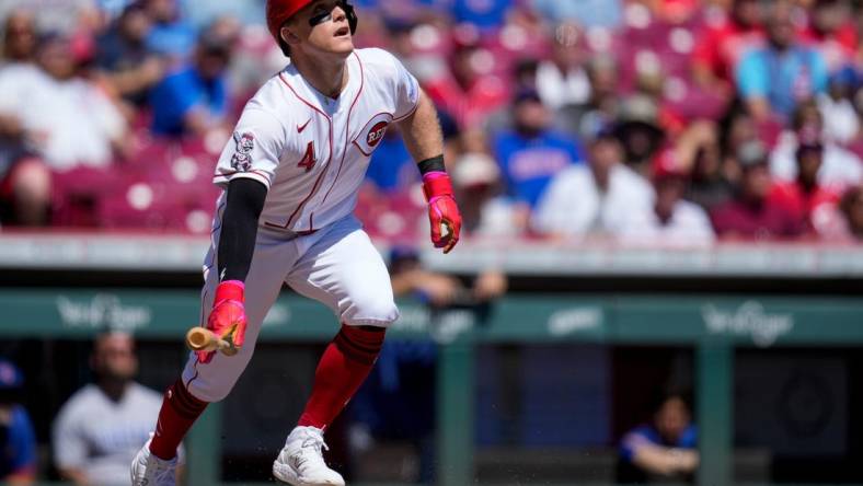 Cincinnati Reds center fielder Harrison Bader (4) watches aa he flies out in the first inning of an MLB National League game between the Cincinnati Reds and the Chicago Cubs at Great American Ball Park in downtown Cincinnati on Friday, Sept. 1, 2023. The first game of the doubleheader was tied 0-0 after three innings.