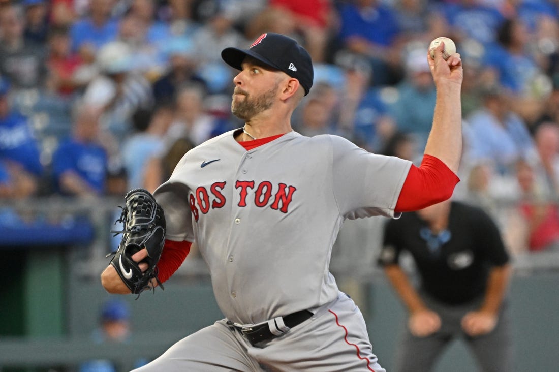 Sep 1, 2023; Kansas City, Missouri, USA;  Boston Red Sox starting pitcher James Paxton (65) delivers a pitch in the first inning against the Kansas City Royals at Kauffman Stadium. Mandatory Credit: Peter Aiken-USA TODAY Sports