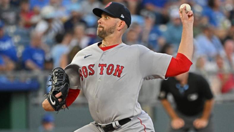 Sep 1, 2023; Kansas City, Missouri, USA;  Boston Red Sox starting pitcher James Paxton (65) delivers a pitch in the first inning against the Kansas City Royals at Kauffman Stadium. Mandatory Credit: Peter Aiken-USA TODAY Sports