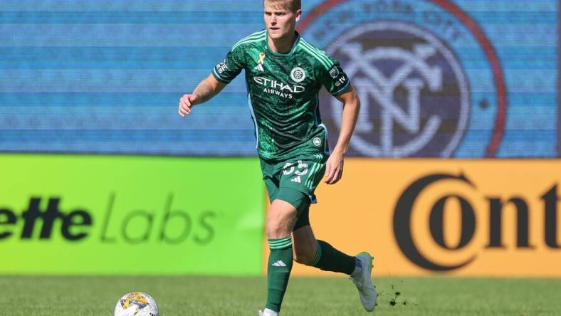 Sep 2, 2023; New York, New York, USA; New York City FC midfielder Keaton Parks (55) controls the ball against the Vancouver Whitecaps during the first half at Yankee Stadium. Mandatory Credit: Vincent Carchietta-USA TODAY Sports